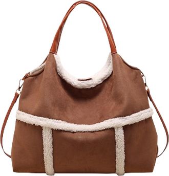 Generic Women Suede Tote with Faux Lamb Wool Lined, Lamb Wool Vintage Crossbody Handbag, Slouchy Plush Trimmed Purses Handbag (Brown,Large)
