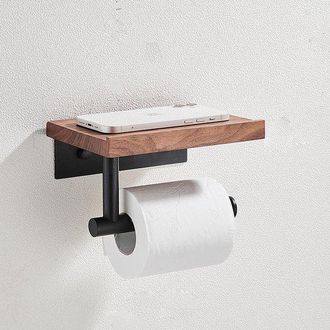OEM Portarrollos De Papel Higi&eacute;nico Con Estante De Madera - Nogal - Acero Inoxidable Negro Mate