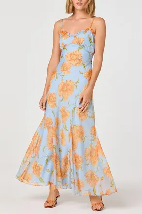 ASTR the Label Maeryn Floral Chiffon Maxi Dress in Blue Orange Floral at Nordstrom, Size X-Small