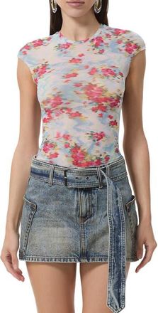 AFRM Nina Print Cap Sleeve Mesh Top in Digital Floral at Nordstrom, Size X-Small