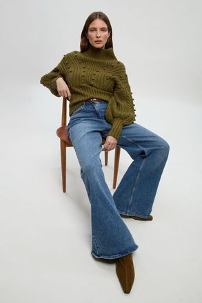 Karen Millen Womens Bobble Detail Balloon Sleeve Cable Knit Viscose Blend Jumper - Green - Size X-Small