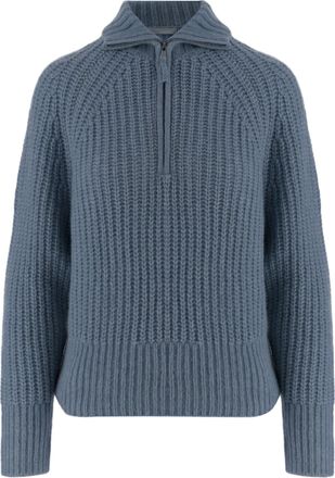 Allude Light Blue Zip Turtleneck Cashmere-Silk Sweater
