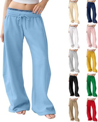Generic Sweatpants for Women UK Wide Leg Lounge Pants Comfy Baggy Trousers - Sweatpants for Women Baggy Low Rise - Drawstring Linen Trousers Straight Leg Bott