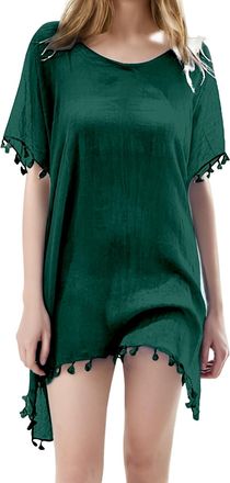 Generic Women Bathing Suit Cover Up Tassel Swimsuit Coverup Short Sleeve Beach Cover Ups Dress V Neck Beach Wear Swimming Costume Women Dark Green