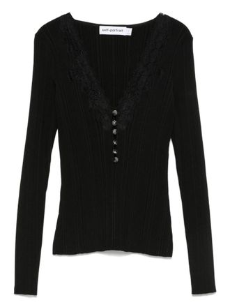 Self Portrait Black Knitted V Neck Sweatshirt