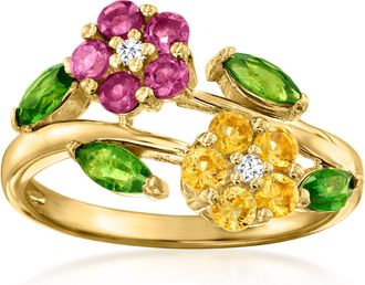 Ross-Simons Multi-Gemstone Flower Bypass Ring With White Topaz in 18kt Gold Over Sterling