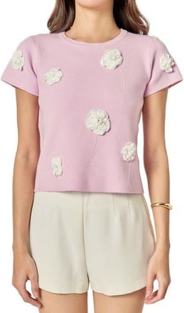 English Factory Floral Ebellished Short Sleeve Knit Top in Lilac/White at Nordstrom, Size X-Small