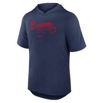 Nike Atlanta Braves Arched Wordmark Nike Mens Dri-FIT MLB Hooded T-Shirt in Blue | 03NB44BAW-6XV
