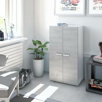 Dmora Dmora - Armario multifunción Dlazar, Zapatero con 2 puertas, Mueble bajo con 6 baldas, Zapatero bajo moderno, 55x36h103 cm, Blanco y Cemento