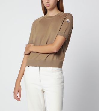 Moncler Beige wool sweater with logo patch