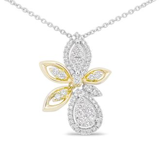 House of Brilliance 14K White and Yellow Gold 5/8 Cttw Round Diamond Marquise Floral Style 18 Pendant Necklace (H-I Color, I1-I2 Clarity)