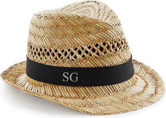 Generic Personalised Monogram Initials Straw Trilby Beach Summer Hat (UK, Alpha, L, XL, Silver Text)