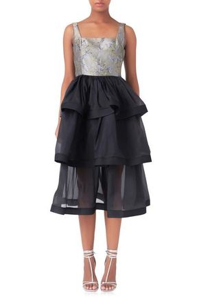 endless rose Floral Jacquard Midi Dress in Taupe Multi/Black at Nordstrom, Size X-Small