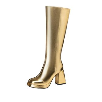 Generic Womens Square Toe Platform Long Boots PU Leather Knee High Boots with Side Zipper Chunky High Heel Party Prom Shoes,Gold,6.5 UK