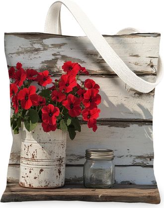 Generic Spring Geranium Flower Canvas Tote Bag for Shopping 13x15, Farmhouse Rustic Florals Reusable Grocery Print Bag for Women, Country Beach Aesthetic Pain
