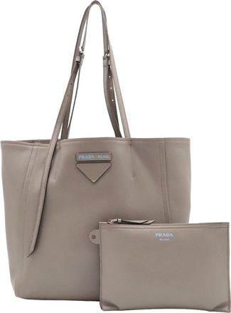 Prada Gray Leather Shoulder Bag Tote Bag (Pre-Owned)