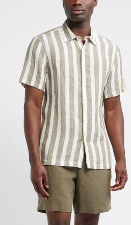 Nordstrom Edward Stripe Short Sleeve Linen Button-Up Shirt in White- Olive Edward Stripe at Nordstrom, Size Xx-Large