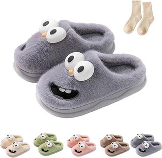 Generic Tongue Kiss Slippers, Plush Big Eye Dog Slippers Couples, Cartoon Winter Cotton Shoes Adult for Woman Men (Gray, UK, Adult, Women, 9.5, Numeric Range,