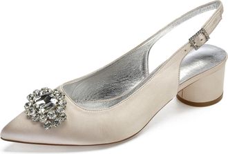 Generic Slingback Wedding Heels Womens Bridal Pointed Toe Chunky Heels Prom Evening Formal Party Pumps Shoes 4.5Cm,Champagne,5 UK