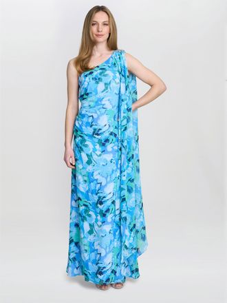 Gina Bacconi Womens Amelie Printed Chiffon Maxi Dress With Beaded Shoulder - Blue - Size 18 UK