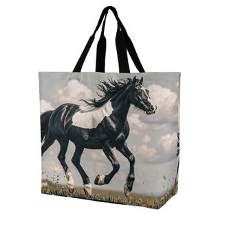 Generic Black And White Horses Running Carry Bag Large Capacity Shopper Bag Reusable Shoulder Bags For Casual Camping Work
