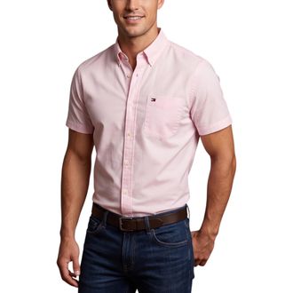 Tommy Hilfiger Mens Shirt Oxford Lightweight Short Sleeve Regular Fit Summer Top - Light Pink Cotton - Size Large
