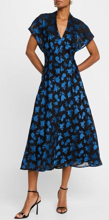 Lela Rose V-Neck Rode Jacquard A-Line Midi Dress