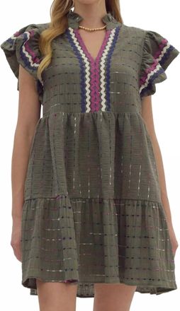 Entro Textured Mini Dress With Multi Color Ric Rac Trim In Olive