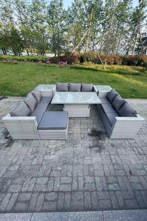 Fimous U Shape Rattan Garden Furniture Adjustable Rising Lifting Table Dining Set 2 PC Side Coffee Table in Light Grey
