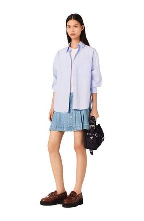 Maje Rhinestone pleated denim skirt in Denim Blue at Nordstrom, Size 42 Eu