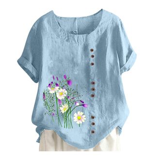 Generic for Womens Retro Cotton and Linen Floral Embroidery T-Shirt Summer Round Neck Short-Sleeved Blouse Loose Casual Tops Fashion Basic Tee Classic Versati