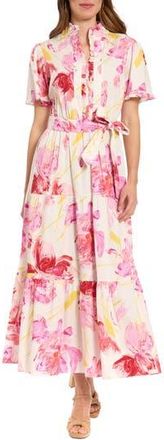 London Times Ruffle Neck Maxi Dress in White/Pink at Nordstrom Rack, Size 10