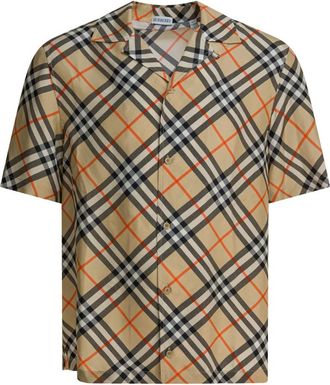 Burberry Oversized Check Silk Shirt - Heren - Korte mouwen Overhemden - Beige - M - Overhemden