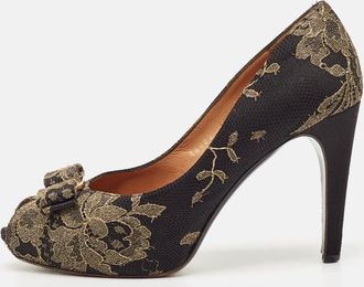 Ferragamo Black/gold Lace Rosella Peep Toe Pumps