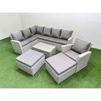 Fimous 9 Seater Garden Outdoor pe Rattan Furniture Set Rattan Garden Sofa Set with 2 Big Footstools Light Grey Mixed - Fimous