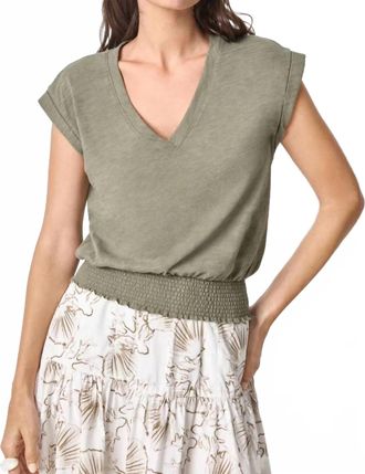 Lilla P Smocked Hem V Neck Top In Fern