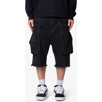 mnml Baggy Waxed Cargo Shorts in Black at Nordstrom, Size 30
