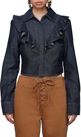 Avec Les Filles Ruffle Yoke Denim Button-Up Shirt in Medium Blue Wash at Nordstrom Rack, Size X-Small