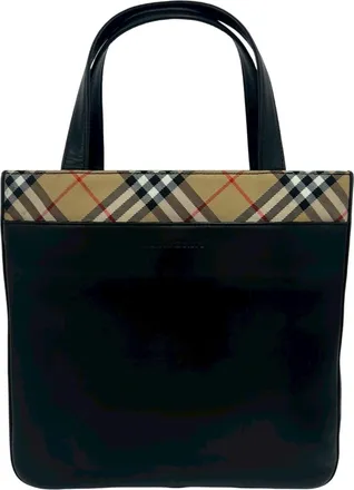 Burberry Beige Black Leather Canvas Handbag Tote Bag (Pre-Owned)