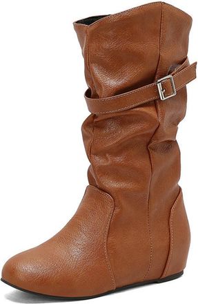 Generic Womens Pull on Slouch Mid-Calf Boots Round Toe PU Leather Casual Boots Wedge Heel Western Boot with Buckle,Yellow,10.5 UK