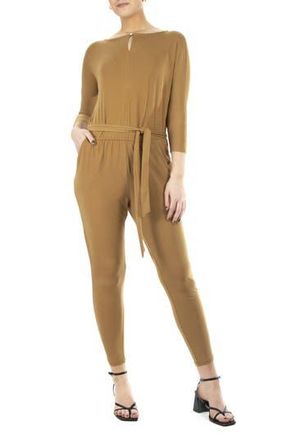 Nina Leonard Three-Quarter Length Sleeve Waist Tie Jumpsuit in Caramel at Nordstrom Rack, Size X-Large