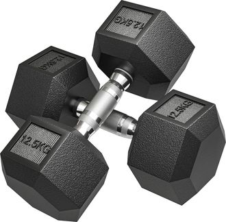 HOMCOM Homcom Juego De Mancuernas Hexagonales, 2 X 12,5 Kg, De Hierro Fundido, Recubiertas De Goma Con Barras De Conexi&oacute;n Para Casa, Gimnasio, Negro