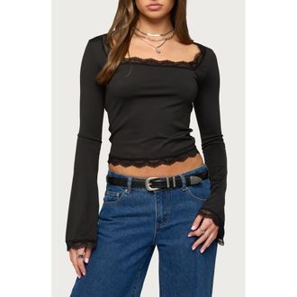Edikted Kailin Lace Trim Bell Sleeve Crop Top in Black at Nordstrom, Size X-Small
