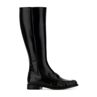 Prada Polished Leather Penny Knee-High Boots - female - Prada - High Boots - Black - 3 1/2 UK - Shoes