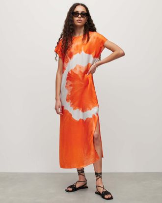 AllSaints Womens Viscose/Silk Etta Mariana Silk Blend Tie Dye Dress, Size: 6