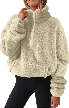 Generic Sweatshirts for Women UK Ladies Plush Jumpers Long Sleeve Oversized Half Zip Fleece Sweatshirt Soft Loose Fuzzy Pullover Tops Winter Oversized Outfits