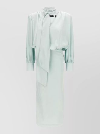 Rotate ruched satin v-neck long-sleeve midi dress