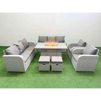 Fimous Pe Rattan High Back Lounge Sofa Set Patio Firepit Dining Table & Chairs Set with 3 Seater Sofa Reclining Chair Stools Light Grey - Fimous