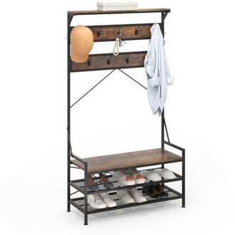 Costway 4 in 1 Appendiabiti da Ingresso, Armadio con Panca per Scarpe Scarpiera a 2 Ripiani, Struttura in Metallo e Kit Antivibrazione, 102 x 40 x
