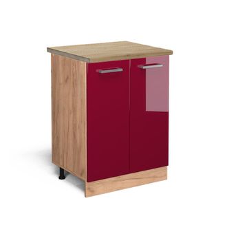 Vicco Mueble Bajo De Cocina R-line, Rojo Burdeos Alto Brillo, 60 Cm, Et Roble